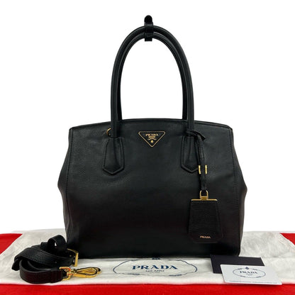 Prada Triangle Logo Leather 2-Way Shoulder Bag Tote Black