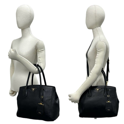 Prada Triangle Logo Leather 2-Way Shoulder Bag Tote Black — view 2