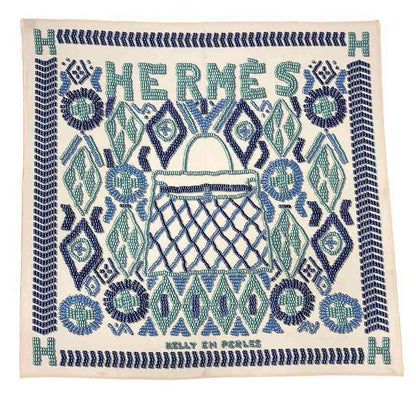 Hermes Carre 90 Scarf Kelly en Perles White Blue Silk