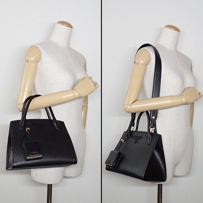 Prada Shoulder Bag Monochrome Small Nero Saffiano Cuir Leather Gold — view 8