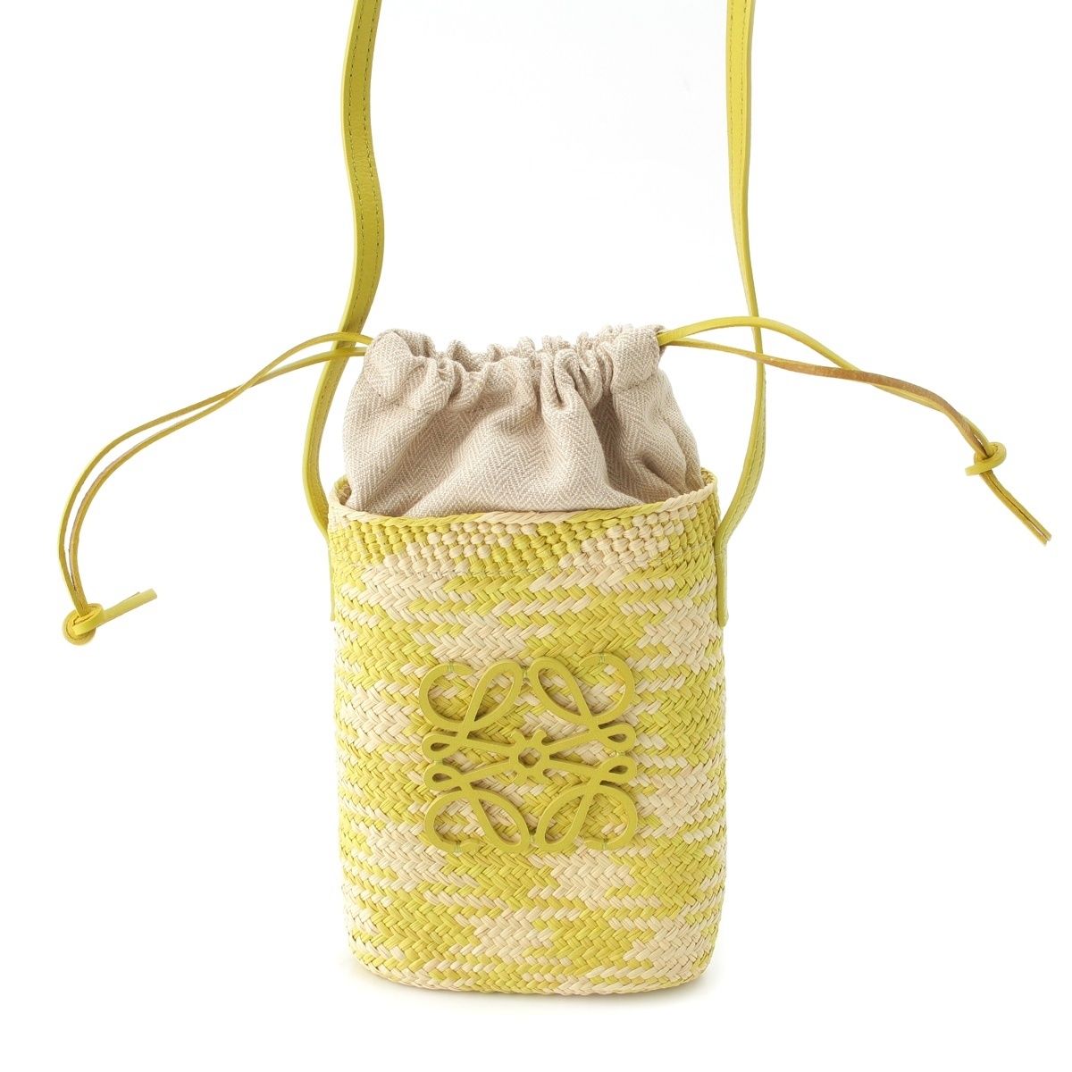 Loewe Raffia Leather Anagram Square Pocket Shoulder Bag Beige Green
