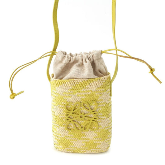 Loewe Raffia Leather Anagram Square Pocket Shoulder Bag Beige Green