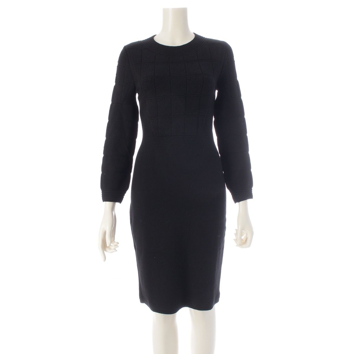 Chanel Viscose Cashmere Armor Design Crew Neck Knit Dress Black 34