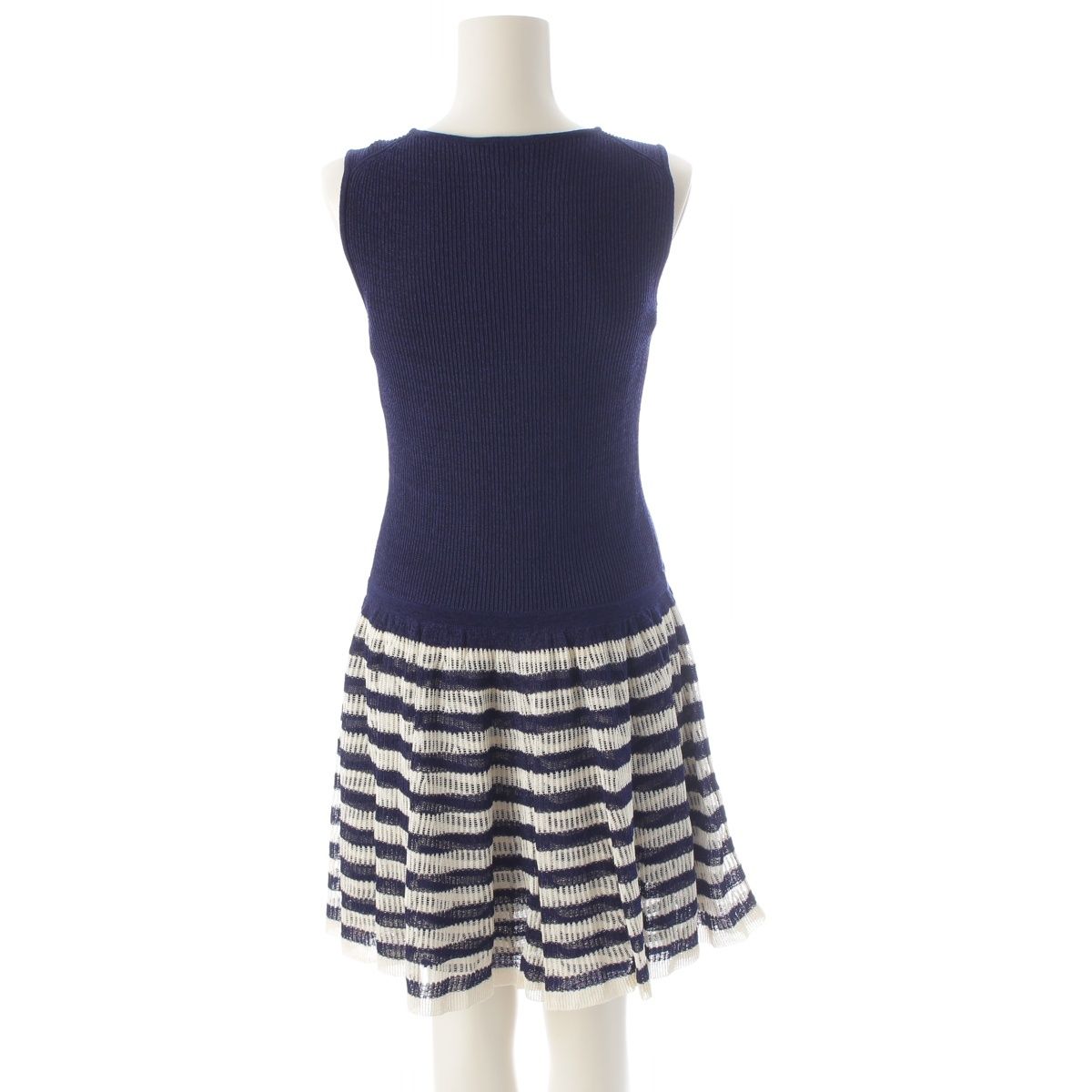 Chanel Polyester Cupro Sleeveless Border Contrast Flare Dress Off White — view 4