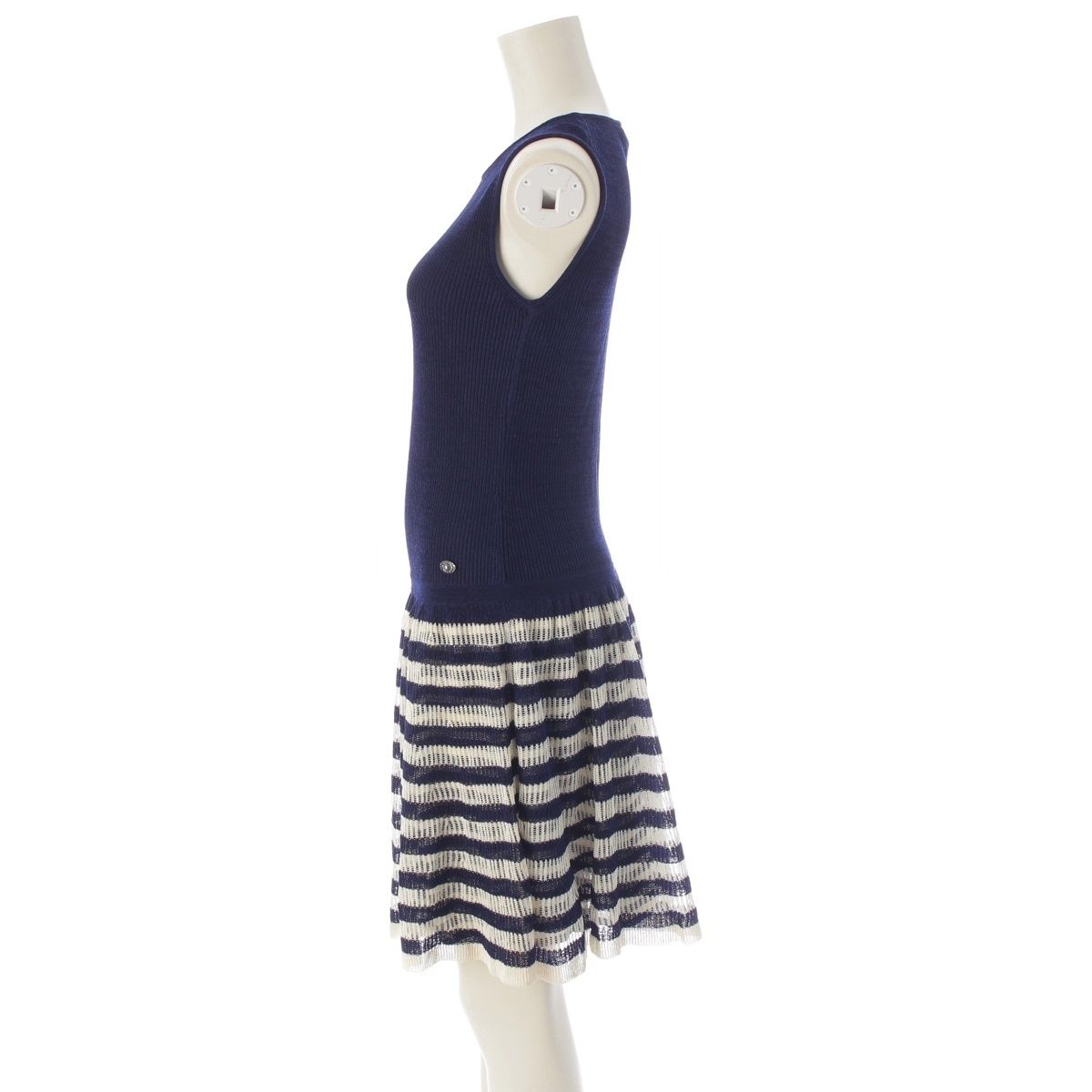 Chanel Polyester Cupro Sleeveless Border Contrast Flare Dress Off White — view 3