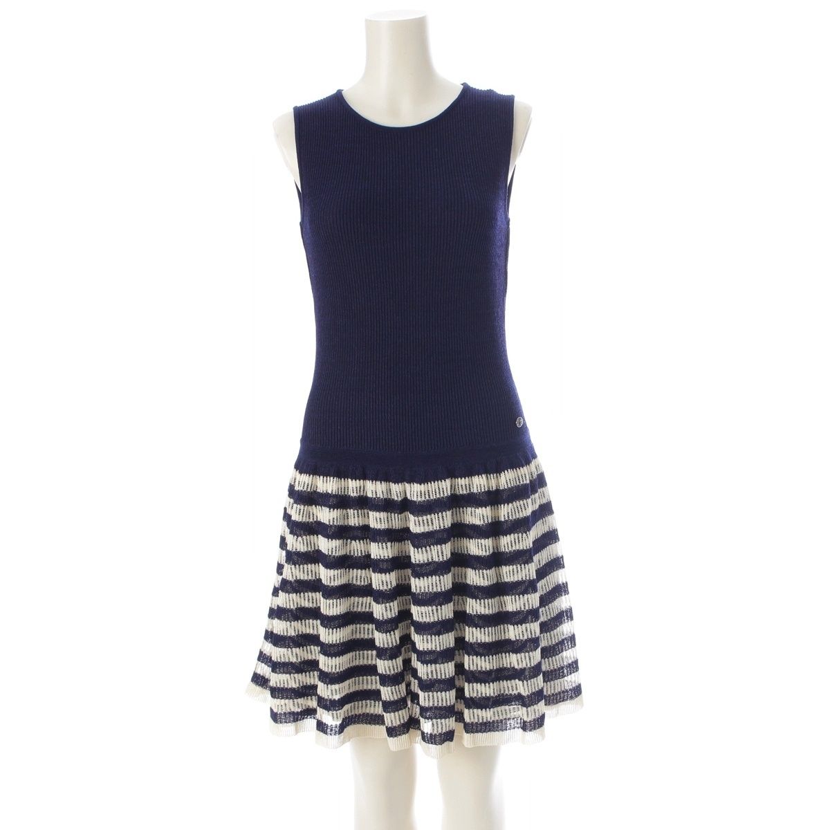 Chanel Polyester Cupro Sleeveless Border Contrast Flare Dress Off White
