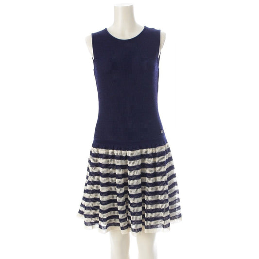 Chanel Polyester Cupro Sleeveless Border Contrast Flare Dress Off White