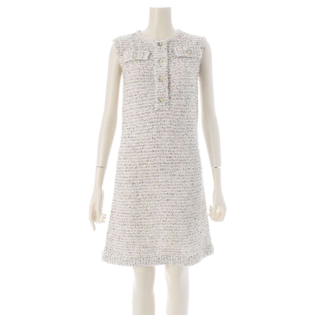 Chanel Tweed CC Logo Pearl Clear Button Sleeveless Fitted Dress White 36