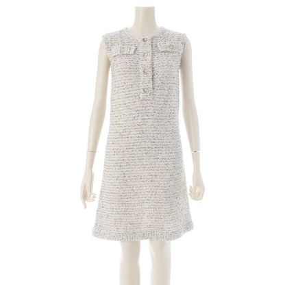 Chanel Tweed CC Logo Pearl Clear Button Sleeveless Fitted Dress White 36