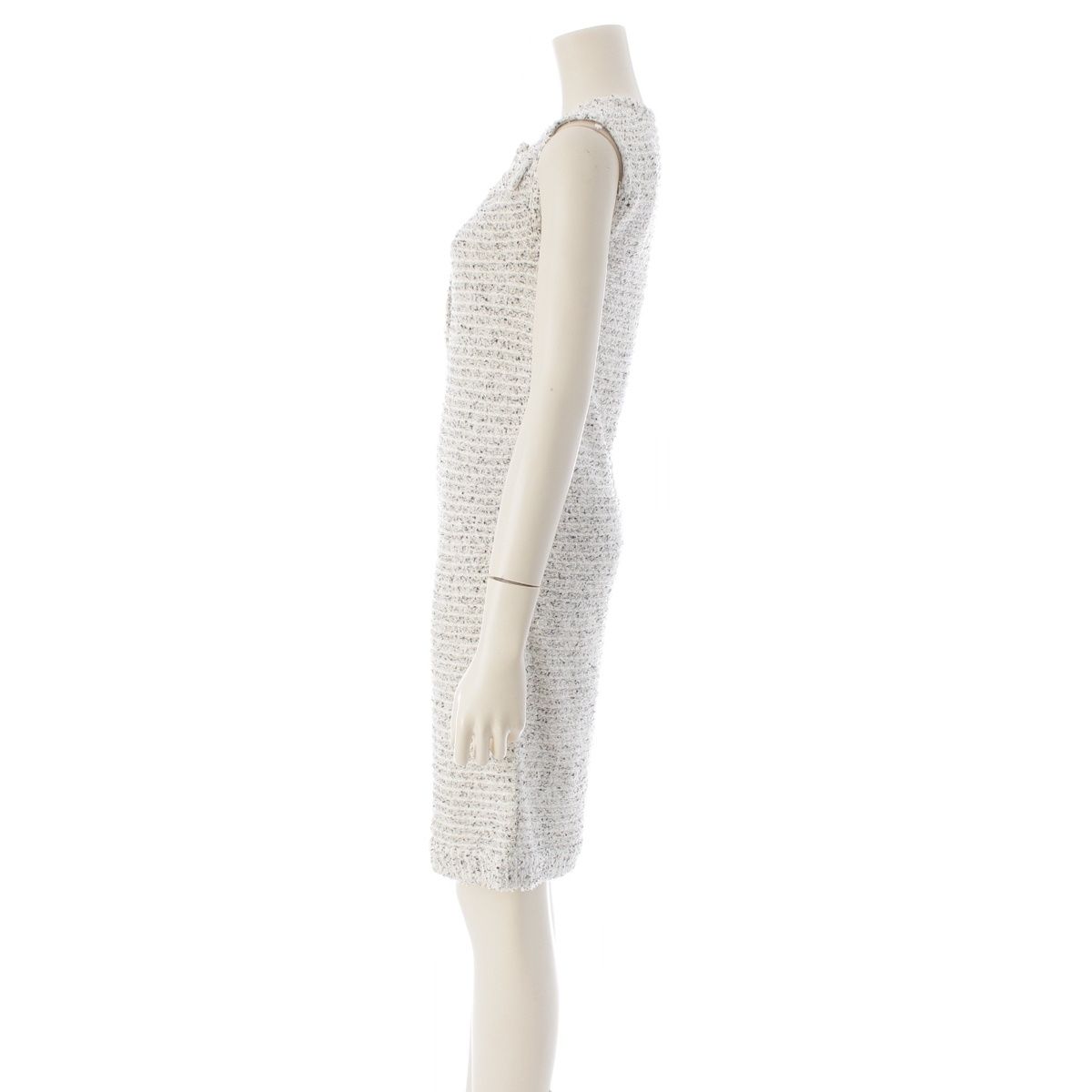 Chanel Tweed CC Logo Pearl Clear Button Sleeveless Fitted Dress White 36 — view 3