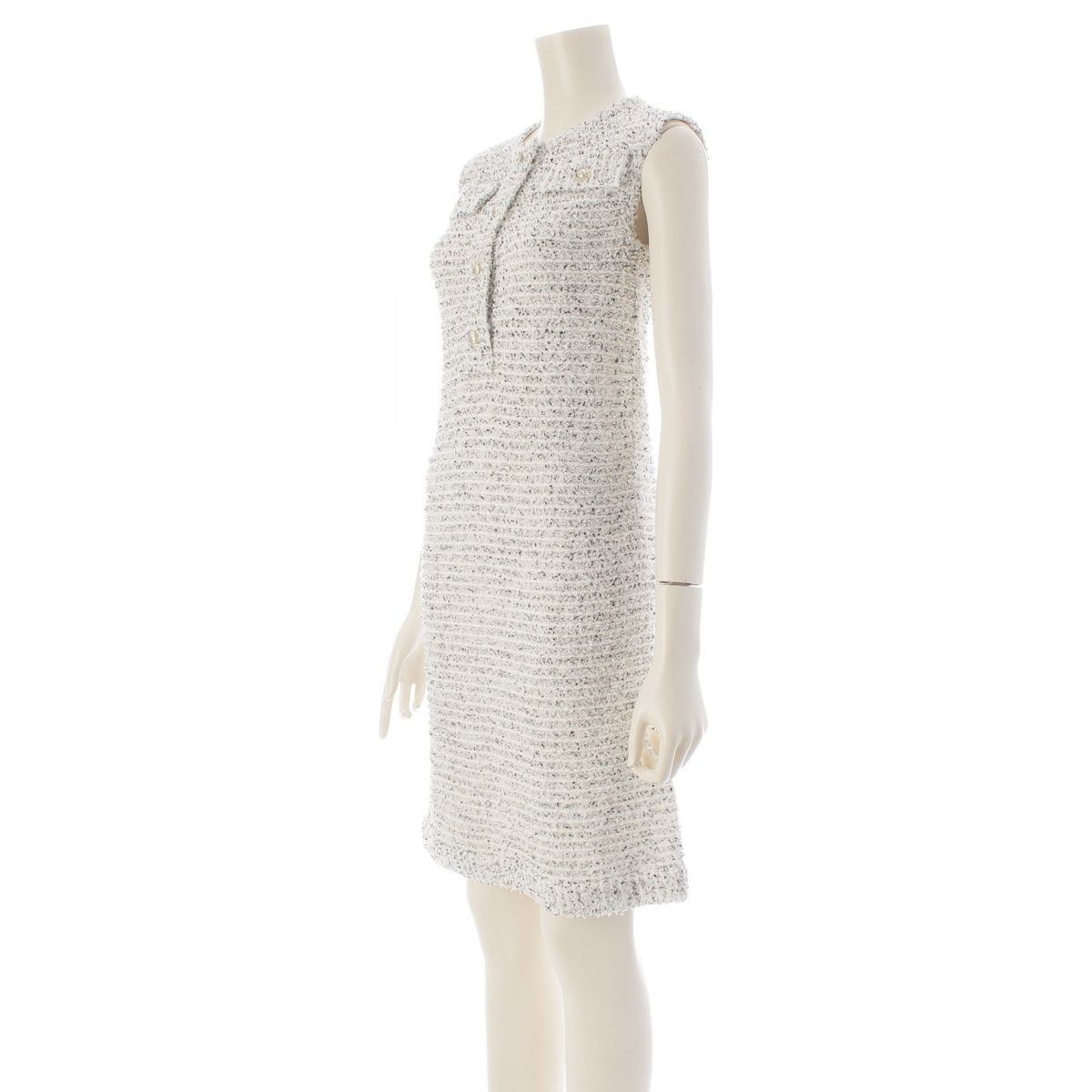Chanel Tweed CC Logo Pearl Clear Button Sleeveless Fitted Dress White 36 — view 2