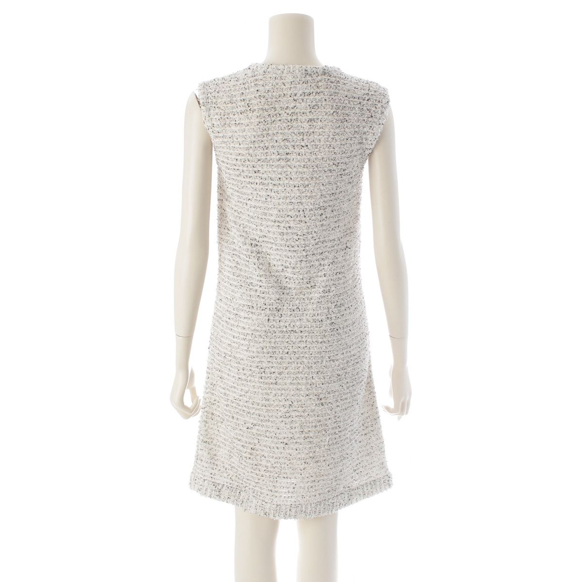 Chanel Tweed CC Logo Pearl Clear Button Sleeveless Fitted Dress White 36 — view 4