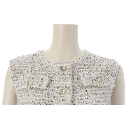 Chanel Tweed CC Logo Pearl Clear Button Sleeveless Fitted Dress White 36 — view 5