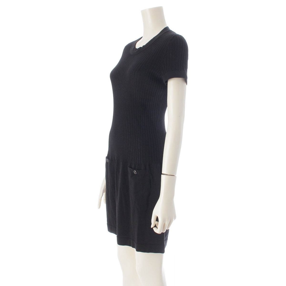 Chanel Circle CC Logo Short Sleeve Openwork Rib Knit Switch Dress Black 38 — view 2