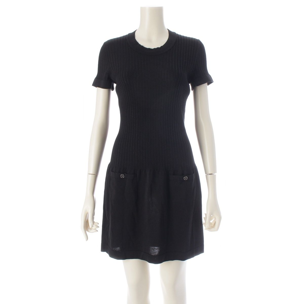 Chanel Circle CC Logo Short Sleeve Openwork Rib Knit Switch Dress Black 38