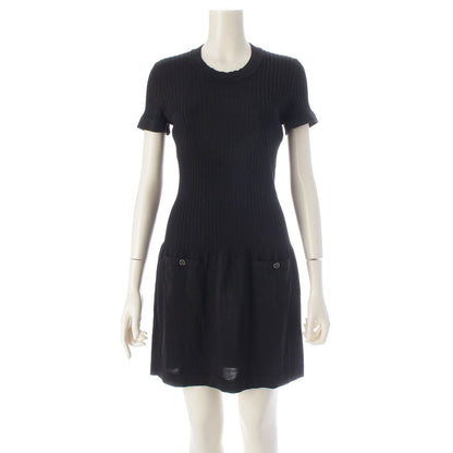 Chanel Circle CC Logo Short Sleeve Openwork Rib Knit Switch Dress Black 38