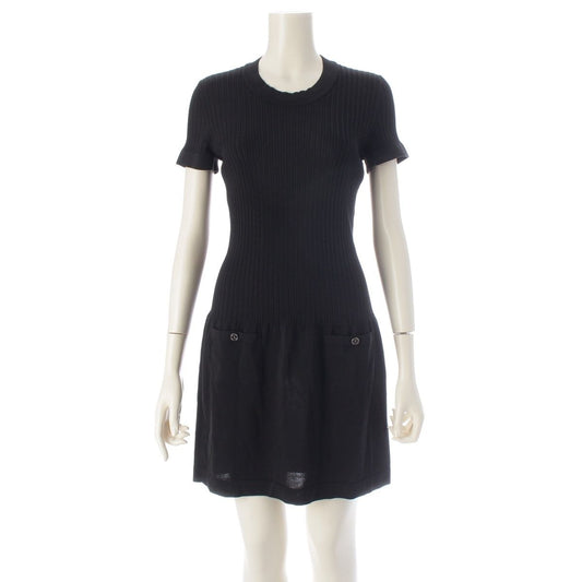 Chanel Circle CC Logo Short Sleeve Openwork Rib Knit Switch Dress Black 38
