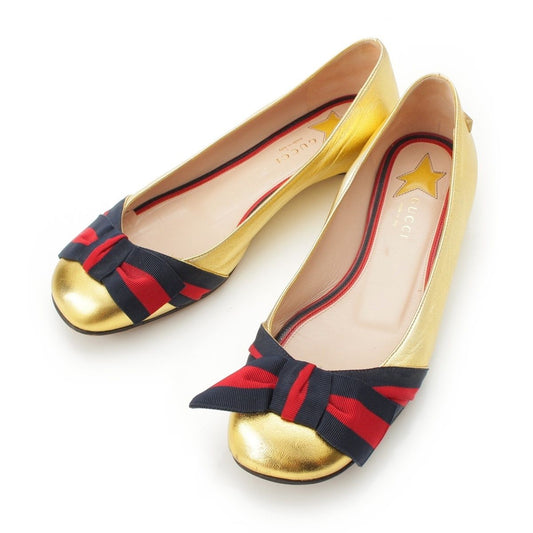 Gucci Sherry Line Ribbon Design Star Motif Round Toe Pumps Flat Shoes Gold