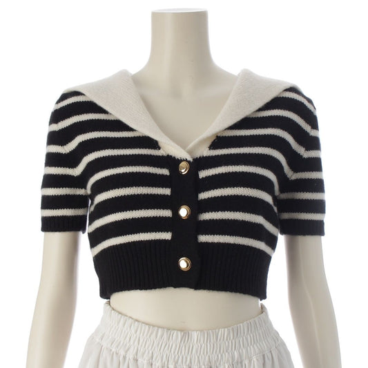 Miu Miu Cashmere Intarsia Logo Border Short Sleeve Cardigan Black White 38