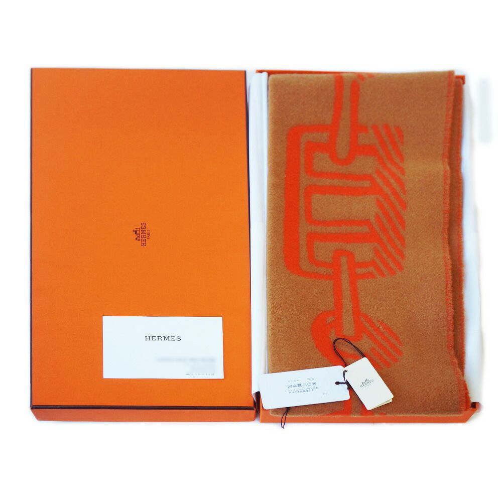 Hermes Scarf Fringe Beige Orange Dore Buckle Cashmere 100% — view 6