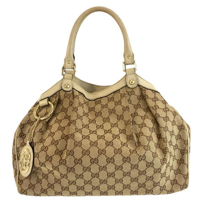 Gucci Sukey Beige Ivory Gold GG Canvas Leather Tote Bag