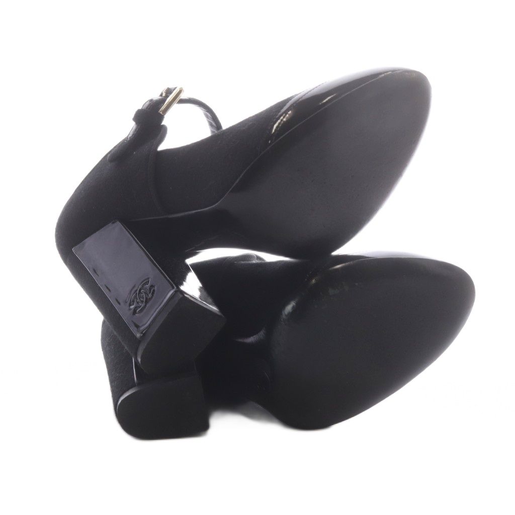 Chanel Pumps Chunky Heel CC Logo Strap Felt Patent Leather Black — view 4