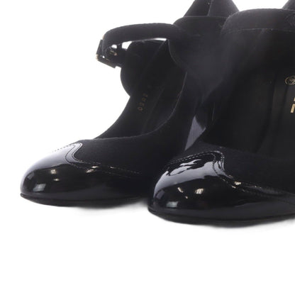 Chanel Pumps Chunky Heel CC Logo Strap Felt Patent Leather Black — view 5