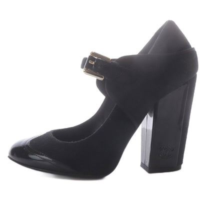 Chanel Pumps Chunky Heel CC Logo Strap Felt Patent Leather Black