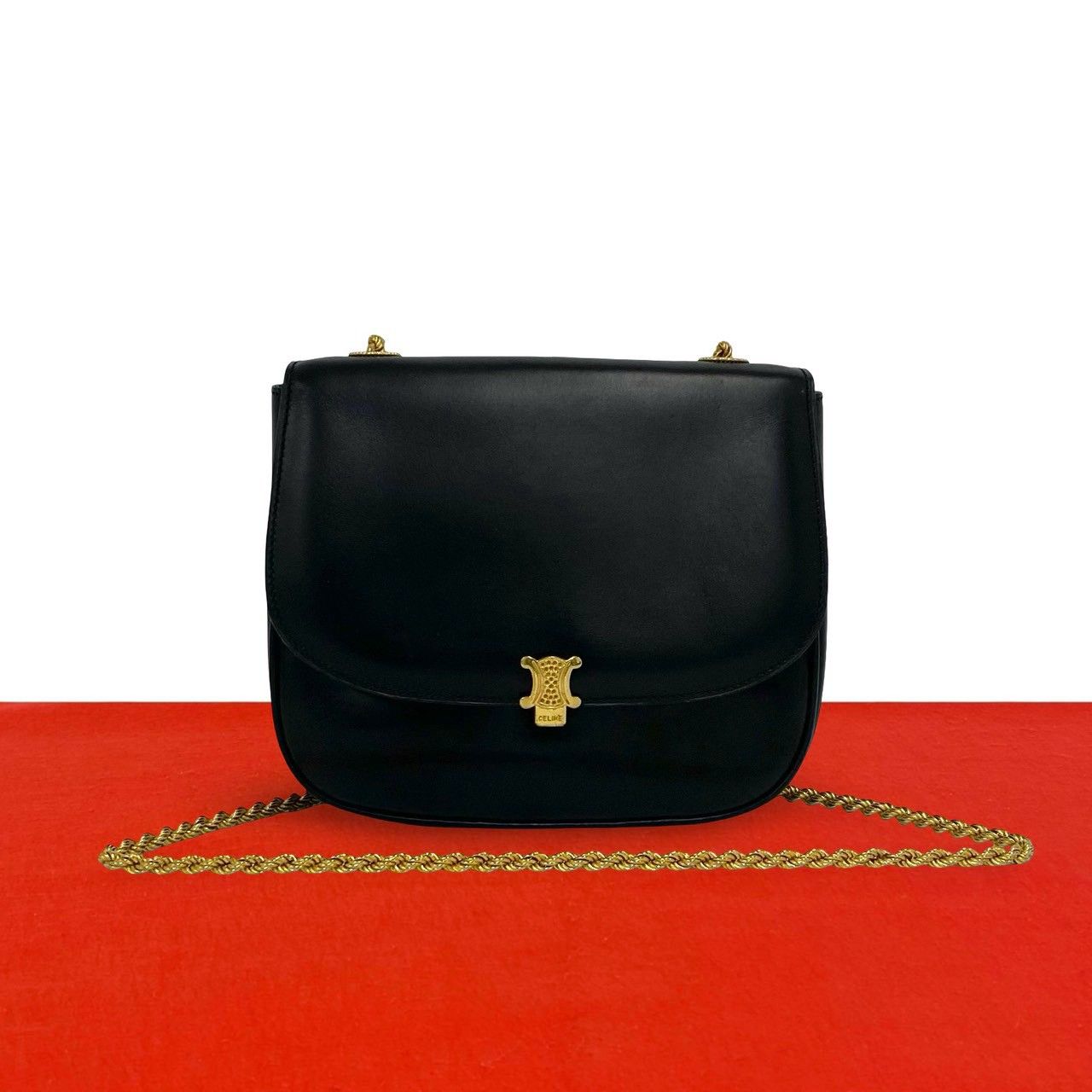 Celine Triomphe Logo Leather Chain Shoulder Bag Pochette Crossbody Black