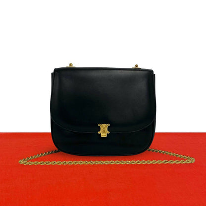 Celine Triomphe Logo Leather Chain Shoulder Bag Pochette Crossbody Black
