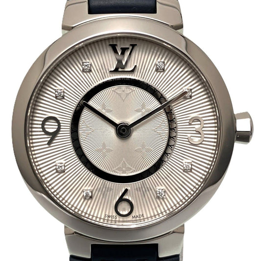 Louis Vuitton Tambour Watch SS Rubber Quartz Silver Dial
