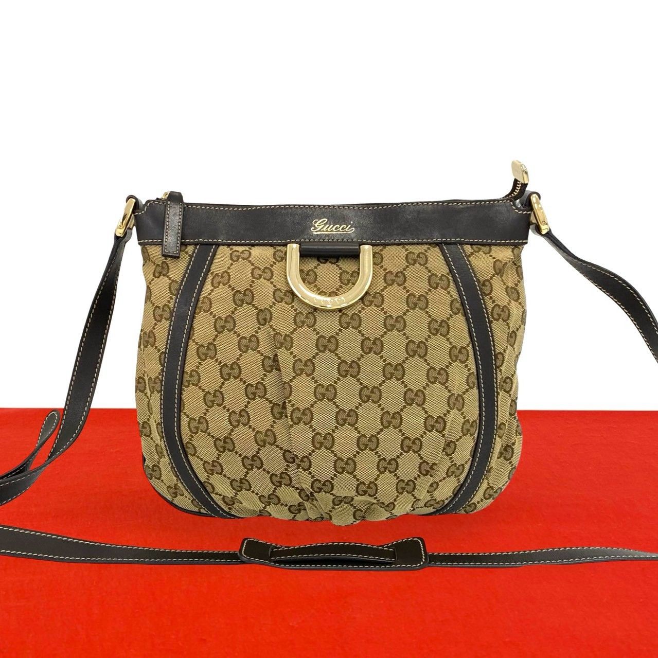 Gucci Abbey Logo Canvas Leather Shoulder Bag Pochette Crossbody Brown