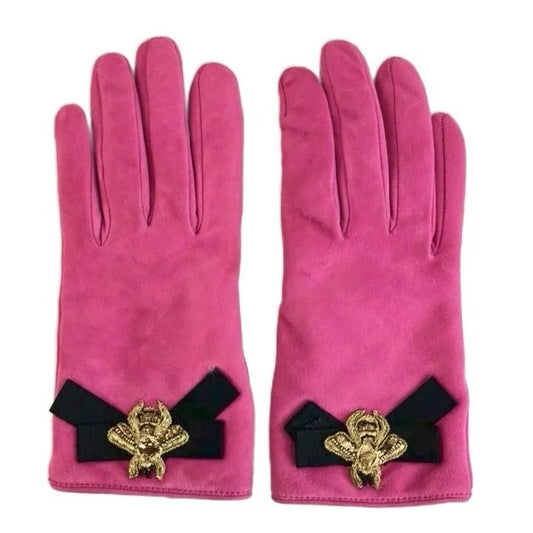 Gucci Gloves Suede Bee Ribbon S Pink