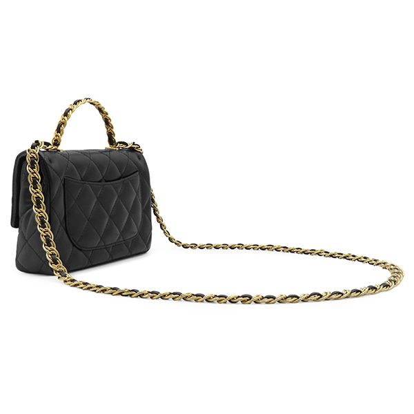 Chanel 2-Way Bag Small Top Handle Flap Lambskin Shiny Black Gold Handbag — view 2