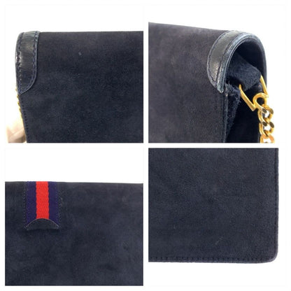 Gucci Vintage Sherry Line Navy Gold Suede Chain Shoulder Bag — view 5