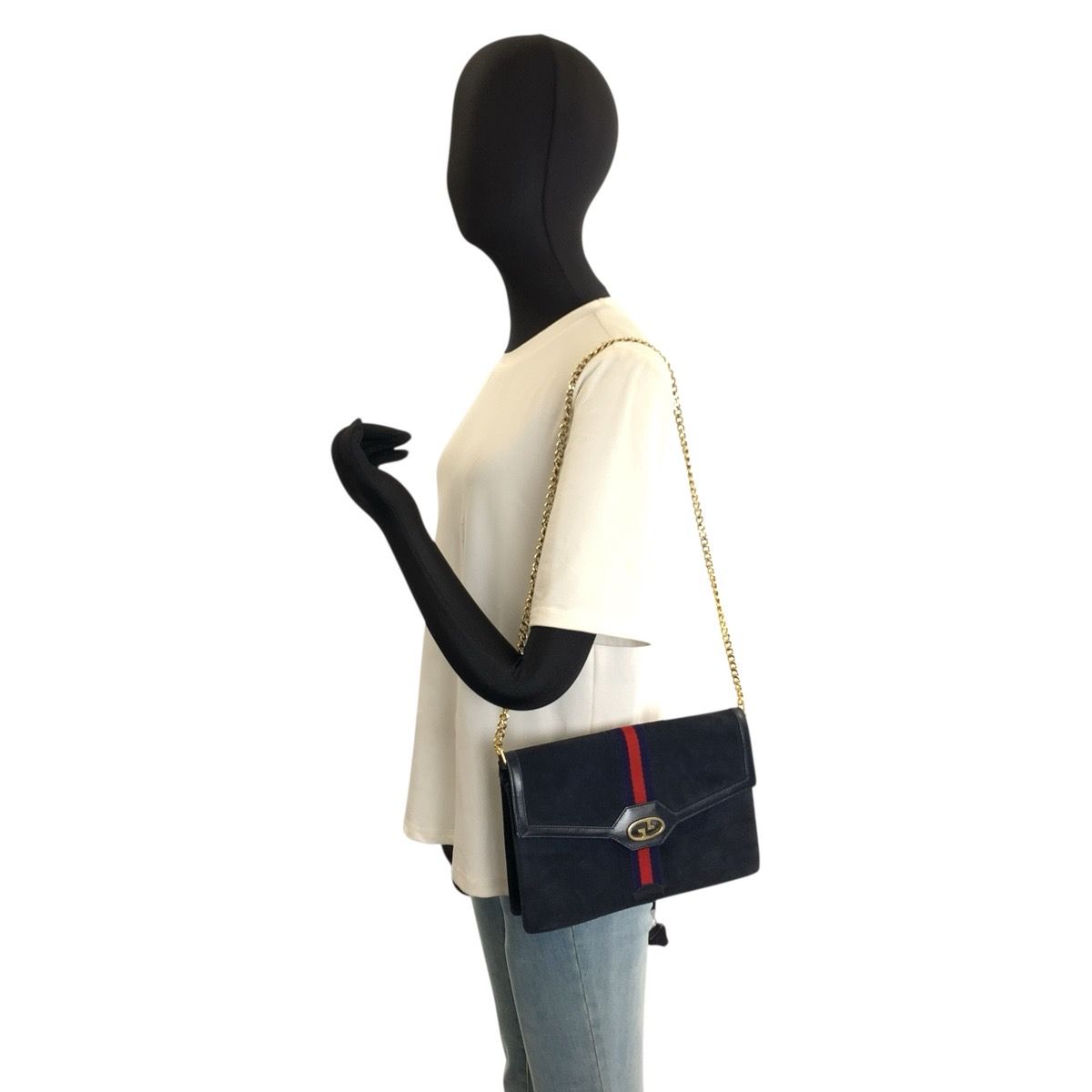 Gucci Vintage Sherry Line Navy Gold Suede Chain Shoulder Bag — view 7