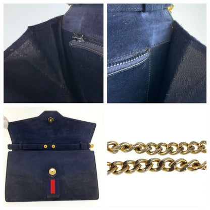 Gucci Vintage Sherry Line Navy Gold Suede Chain Shoulder Bag — view 6
