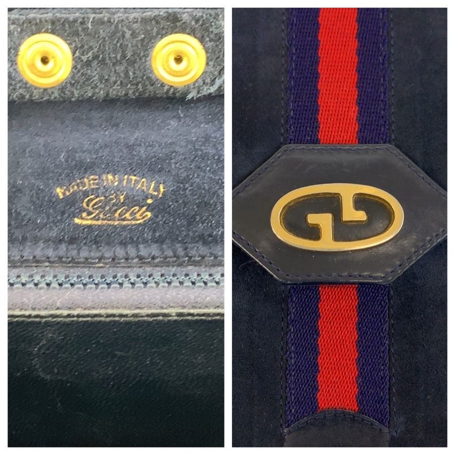 Gucci Vintage Sherry Line Navy Gold Suede Chain Shoulder Bag — view 3