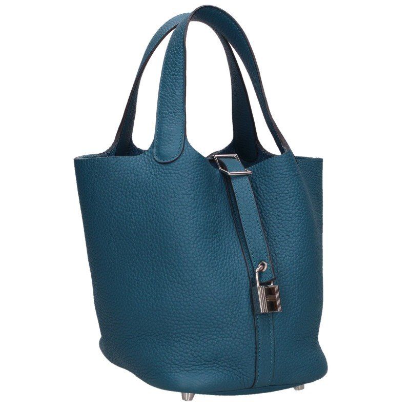 Hermes Picotin Lock PM Silver Taurillon Clemence Vert Bosphore Handbag PM