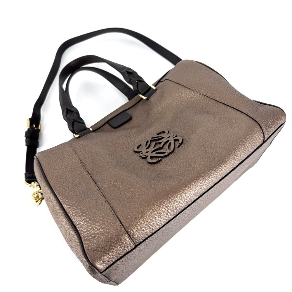 Loewe 2-Way Fusta Anagram Tote Shoulder Boston Bag Metallic Blanc Leather Brown — view 3
