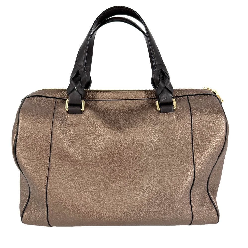 Loewe 2-Way Fusta Anagram Tote Shoulder Boston Bag Metallic Blanc Leather Brown — view 2