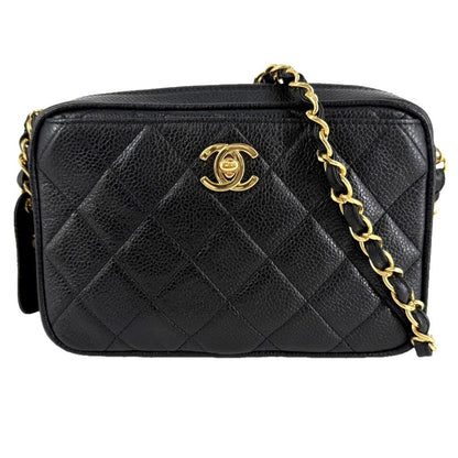Chanel Shoulder Bag Quilted CC Logo Chain Crossbody Caviar Leather Black Gold