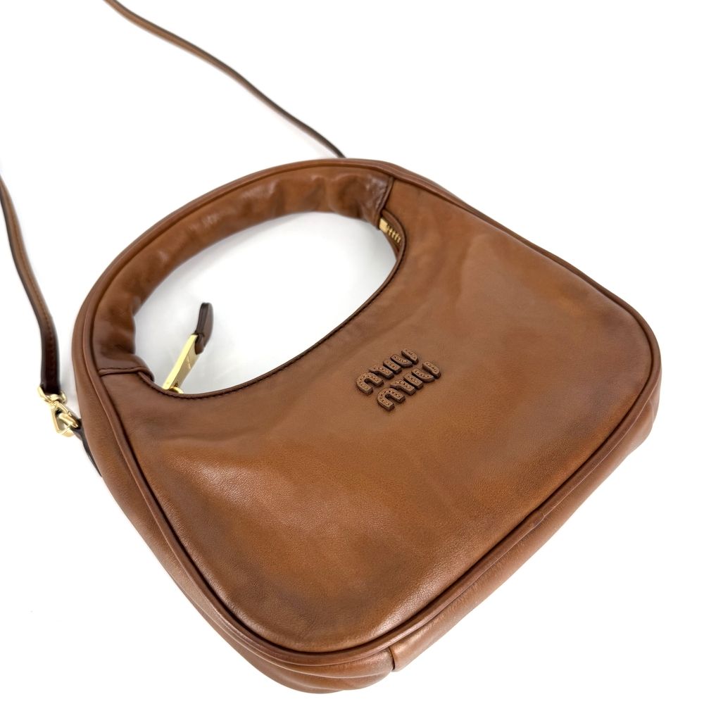 Miu Miu 2-Way Logo Hobo Shoulder Bag Leather Brown Gold — view 3