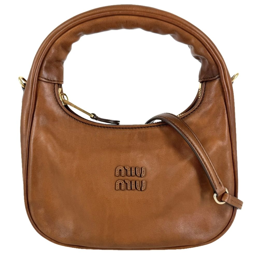 Miu Miu 2-Way Logo Hobo Shoulder Bag Leather Brown Gold