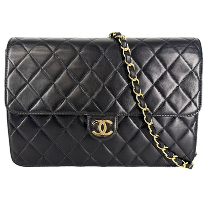 Chanel Shoulder Bag Quilted CC Logo Push Lock Crossbody Lambskin Black Gold