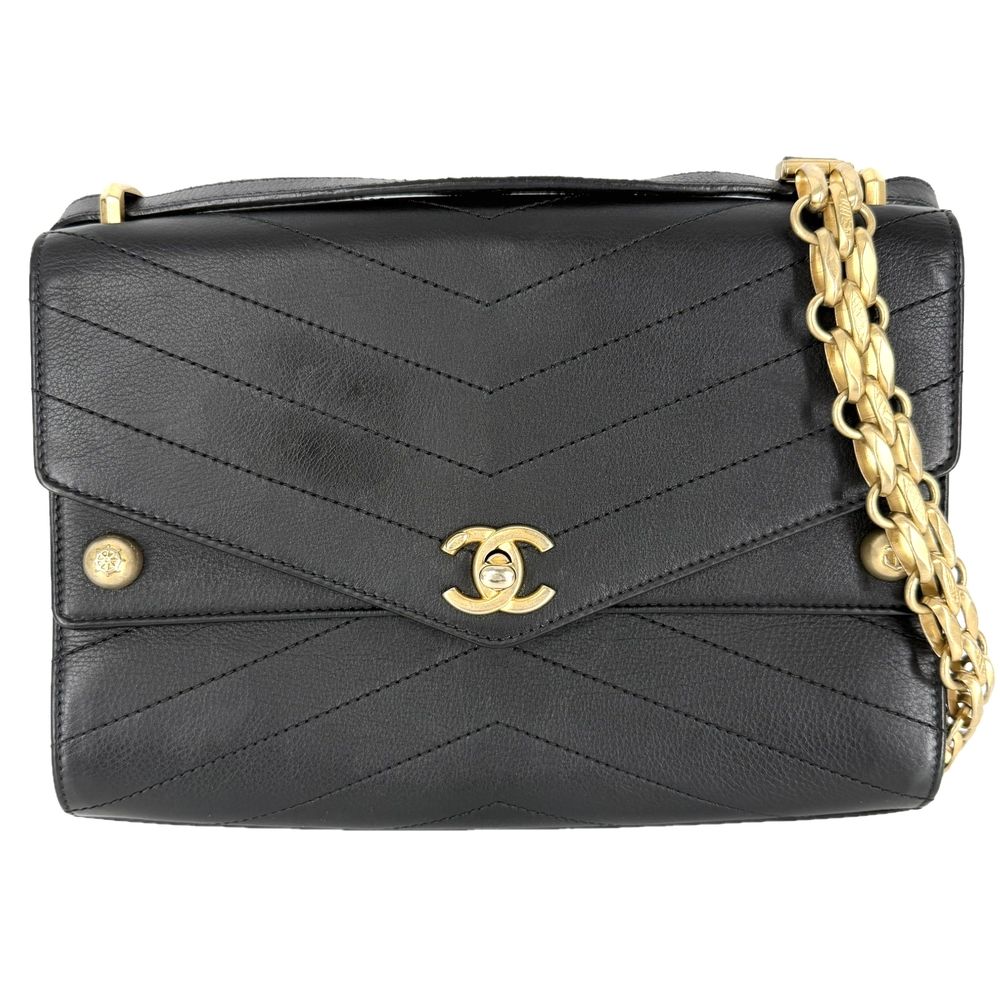 Chanel Shoulder Bag Chevron Chain CC Logo Crossbody Leather Black Gold