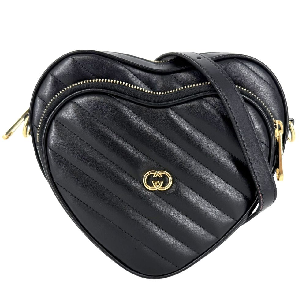 Gucci Shoulder Bag Interlocking G Heart Quilted Crossbody Leather Black Gold