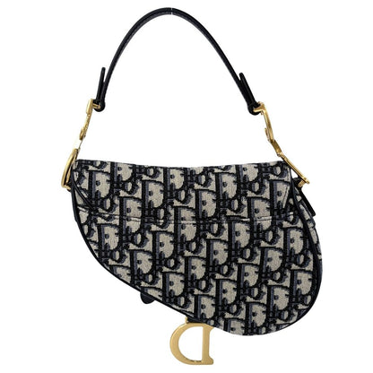 Dior 2-Way Oblique Saddle Bag Crossbody Canvas Leather Navy Beige Gold — view 2