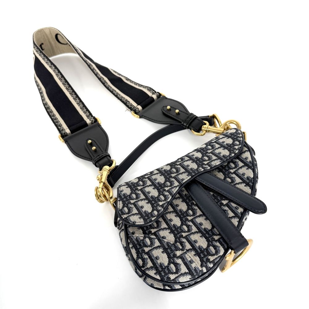 Dior 2-Way Oblique Saddle Bag Crossbody Canvas Leather Navy Beige Gold — view 3