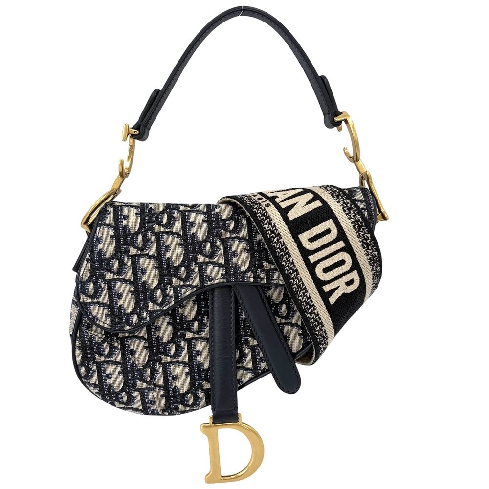 Dior 2-Way Oblique Saddle Bag Crossbody Canvas Leather Navy Beige Gold